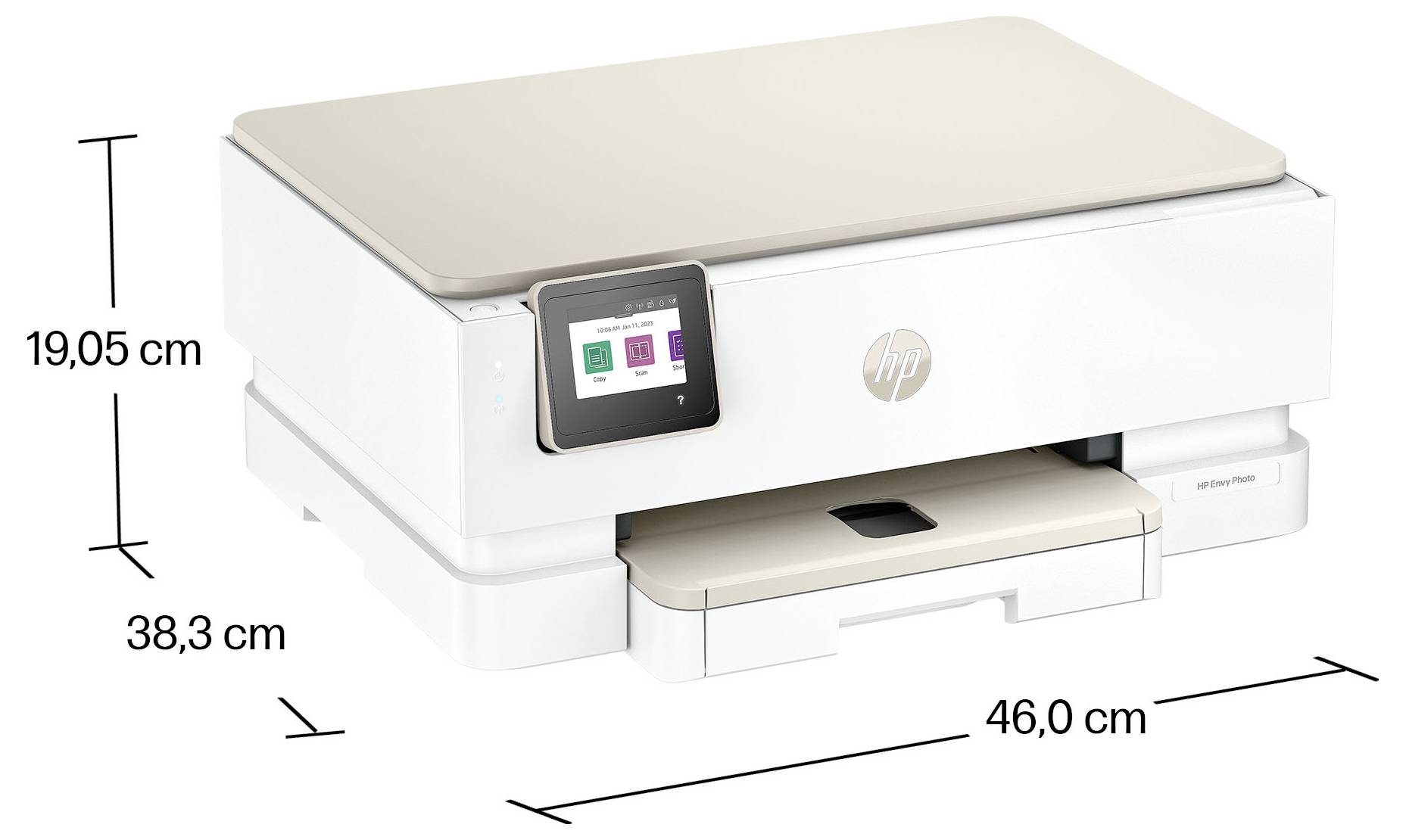 Fehér HP univerzális nyomtató érintőképernyős kijelzővel, mely 46,0 cm széles, 38,3 cm mély és 19,05 cm magas méretekkel jelenik meg.