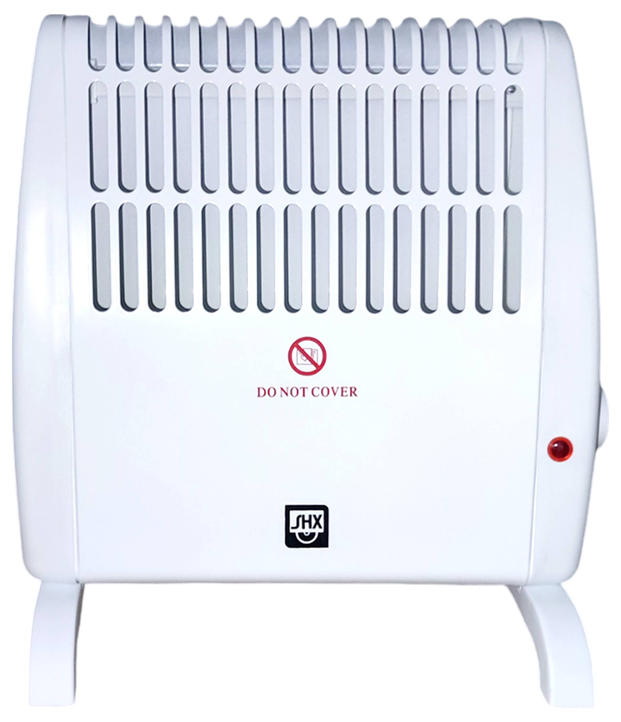 Egy fehér elektromos hősugárzó, amelynek felső felén szellőzőnyílások találhatók, és egy piros „NE TAKARJA LE" felirat egy letakarást tiltó szimbólum alatt.