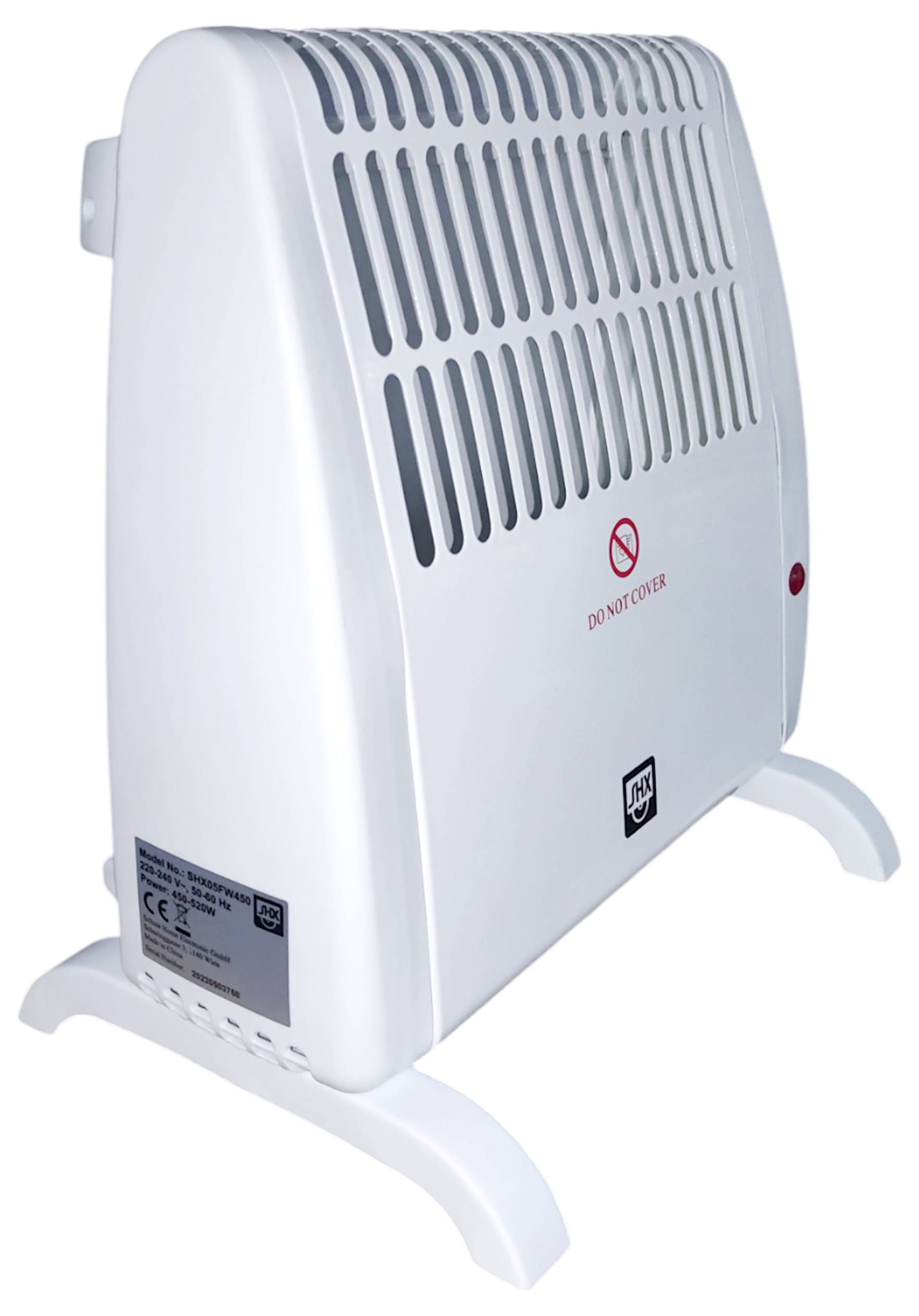 Egy fehér elektromos konvekciós fűtőtest szellőzőnyílásokkal és a "Ne takarja le" figyelmeztetéssel. Ívelt lábakon áll, és egy piros jelzőfény található rajta.