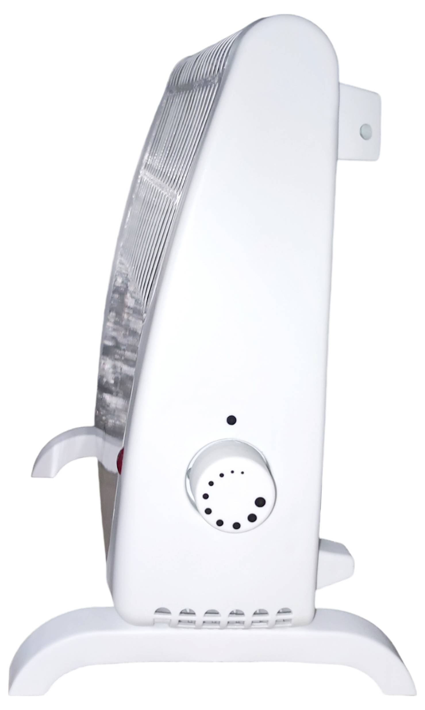 Egy fehér, hordozható elektromos hősugárzó oldalnézetben, állítható termosztát-szabályzó gombbal. A készülék ki van kapcsolva és nincs csatlakoztatva.