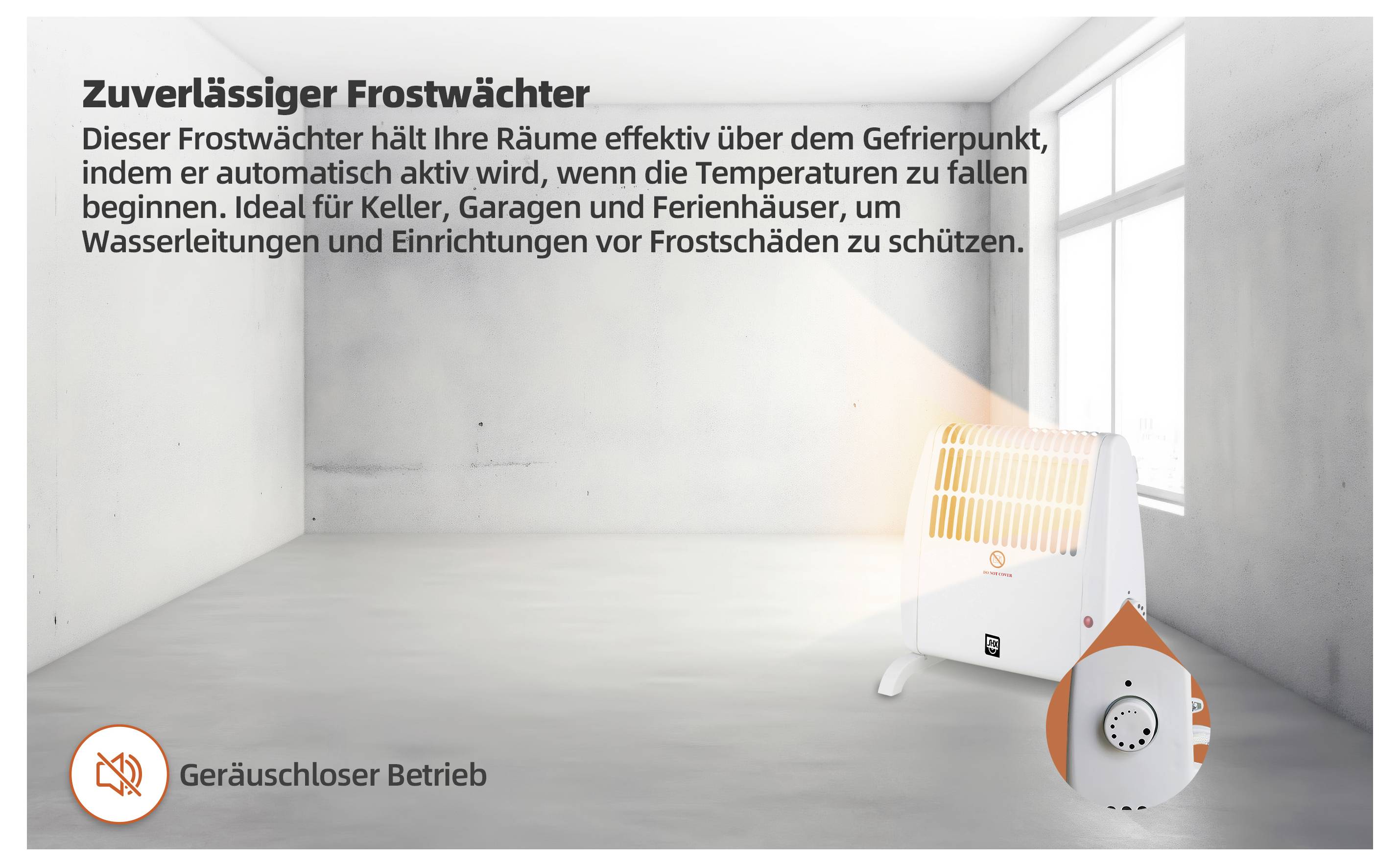 „Megbízható fagyvédő őr" helyiségjelenet, amelyen egy fagyvédő fűtőtest védelmet biztosít a pincék és garázsok fagykárosodása ellen.