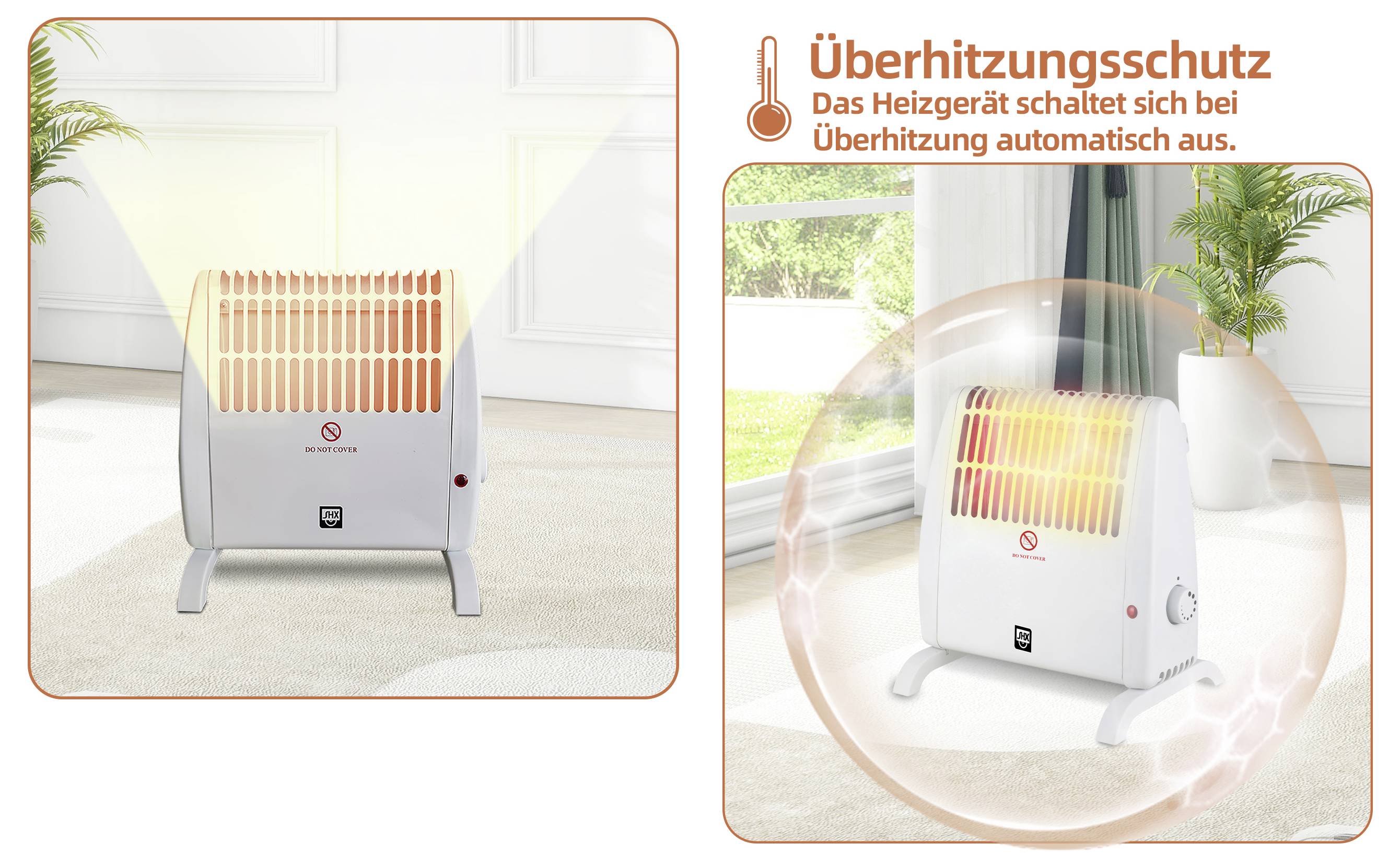 Elektromos fűtőtest egy szobában, közelről, német szöveggel: Túlmelegedésvédelem. A fűtőtest automatikusan kikapcsol, ha túlmelegszik.