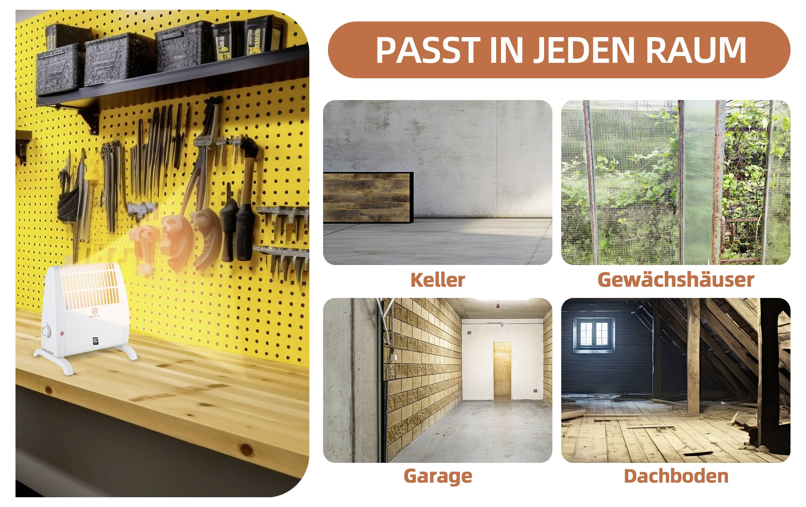 Egy hordozható térmelegítő egy munkapadon fekszik. A szöveg így szól: 'MINDEN HELYISÉGBE ILLIK' képekkel, amelyek felhasználási módokat mutatnak: pince, üvegház, garázs, padlás.