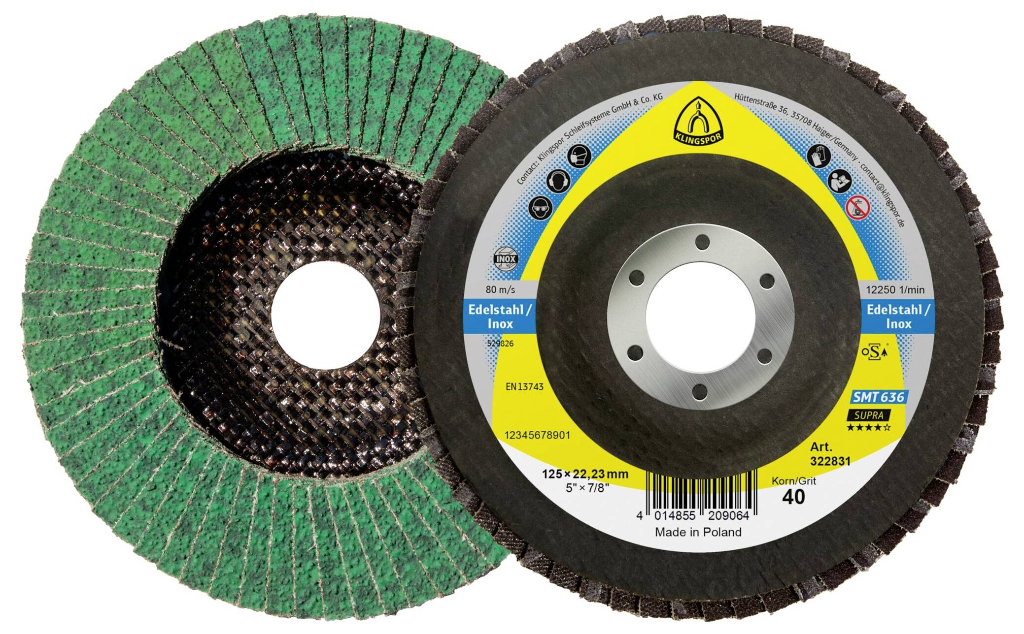 Polírozó lamellás tárcsa, Lengyelországban gyártva, rozsdamentes acélhoz, 40-es szemcseméret, 125x22,23 mm méret, SMT 636 modell. Biztonsági és használati ikonokat tartalmaz.