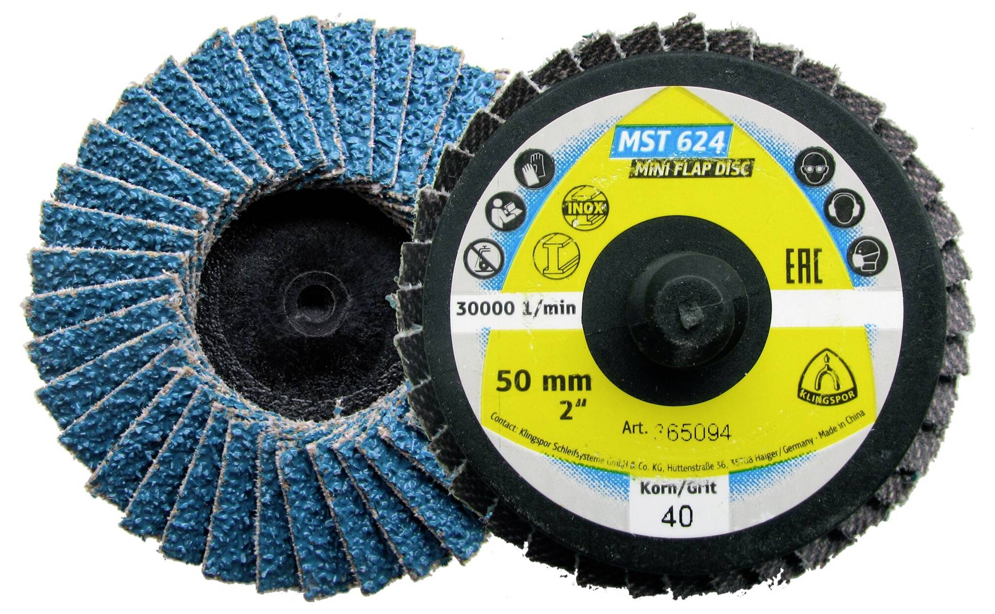 Két mini lamellás csiszolótárcsa közelképe, kék csiszolófelülettel és fekete magrésszel. A csomagolás felirata tartalmazza az 'MST 624', '50 mm' és a 'Korn/Grit 40' jelöléseket.