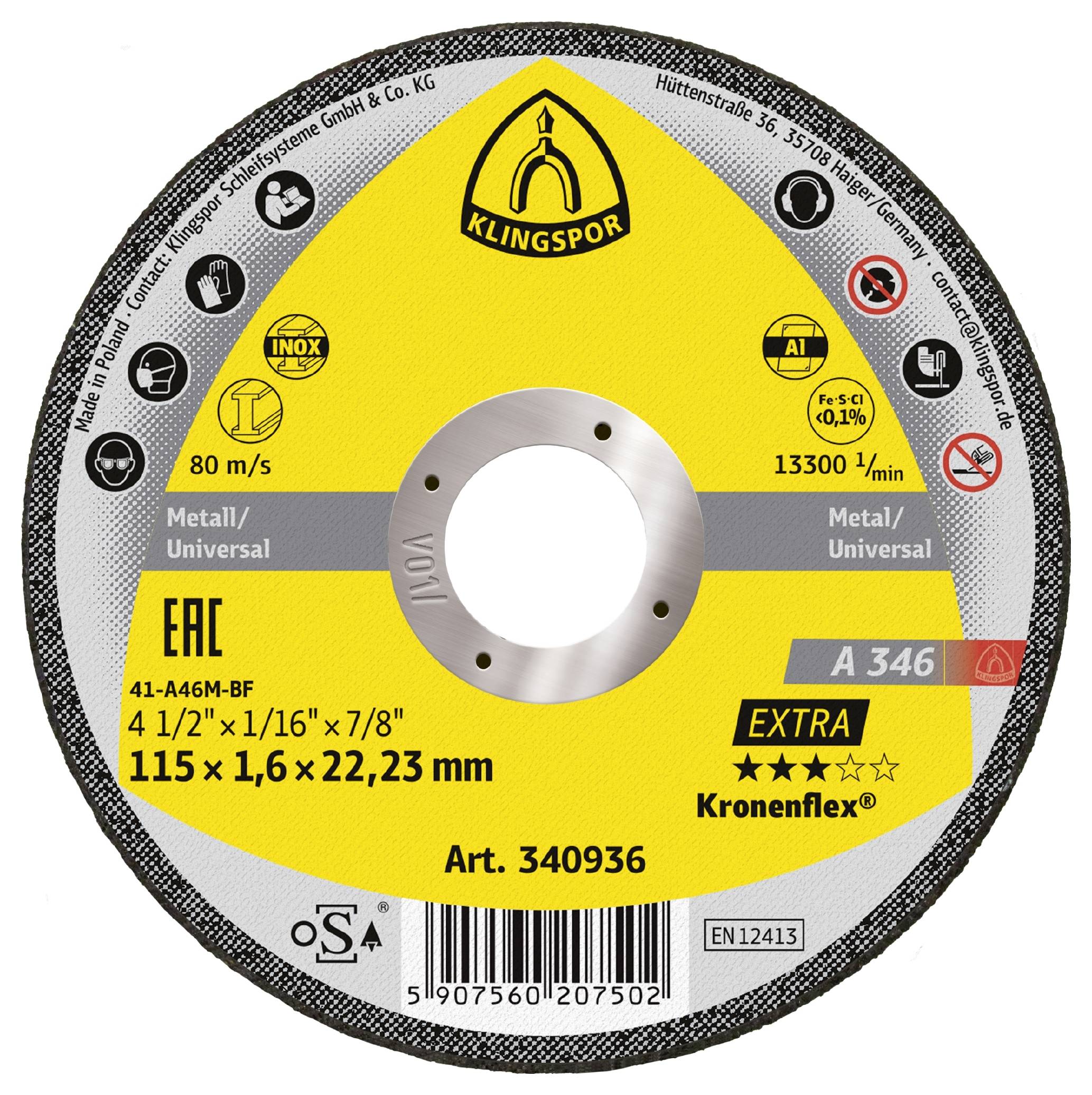 Klingspor A 346 Extra 340936 Vágótárcsa, egyenes 115 mm 25 db Nemesacél, Acél