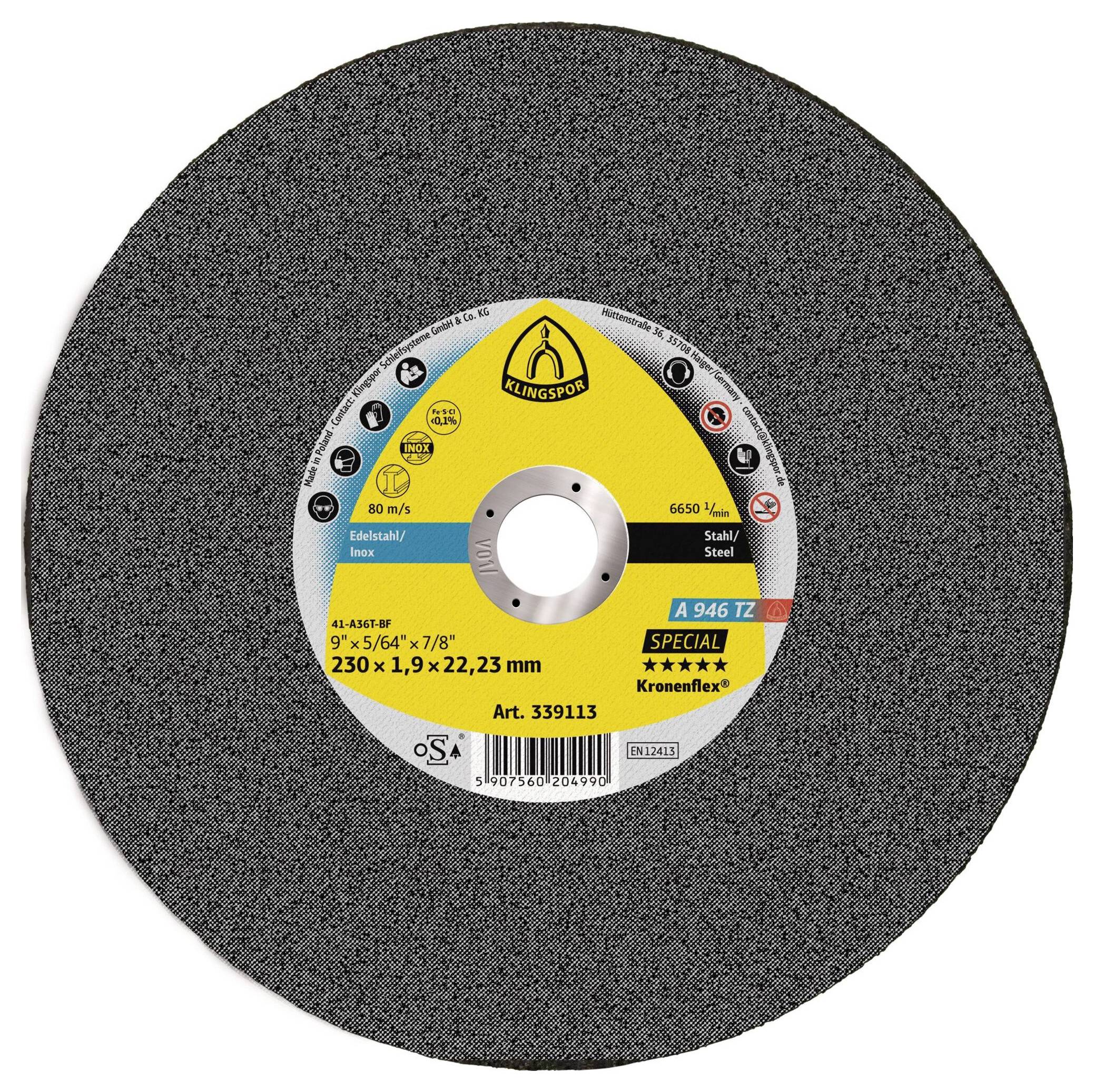Klingspor A 946 TZ Special 339113 Vágótárcsa, egyenes 230 mm 25 db Acél, Nemesacél