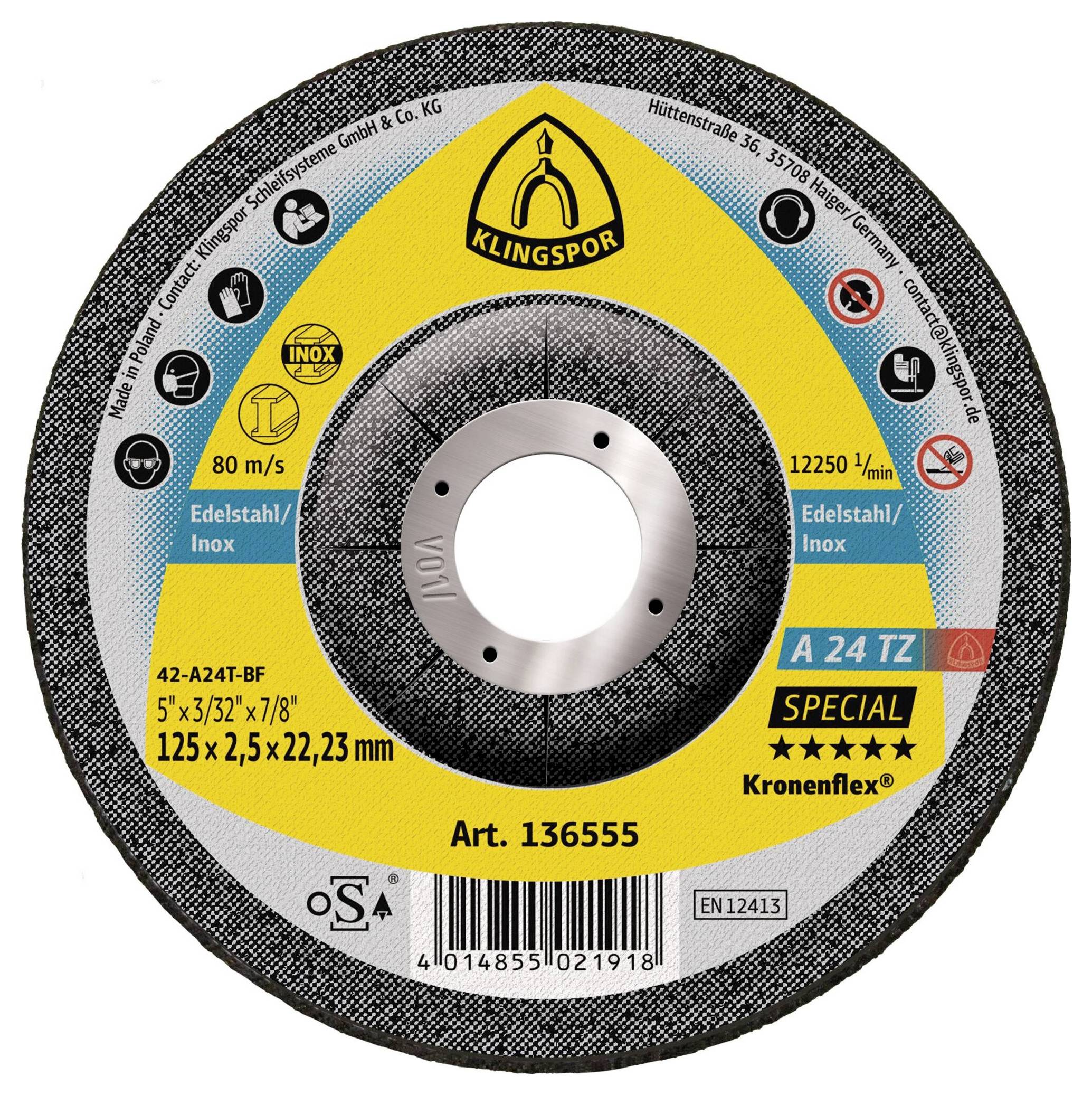 Klingspor A 24 TZ Special 136555 Vágótárcsa, hajlított 125 mm 25 db Nemesacél