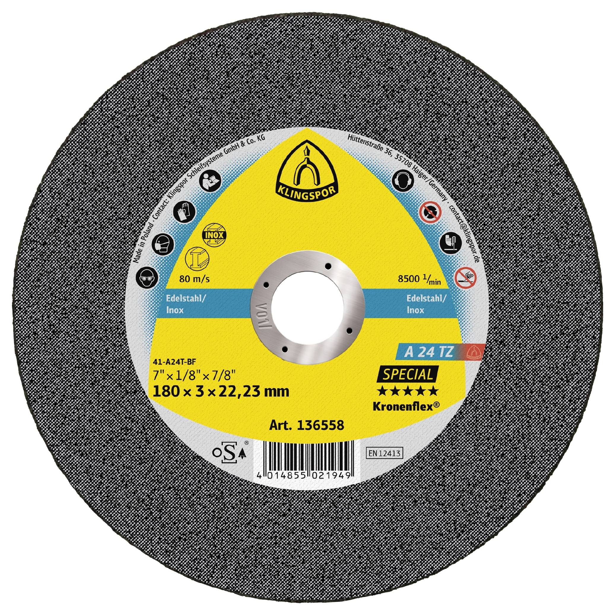 Egy körkörös fémvágó korong sárga és szürke feliratozással, amely feltünteti méreteit: 7" x 1/8" x 7/8", és a 'Special Kronenflex A24T' típust rozsdamentes acélhoz.