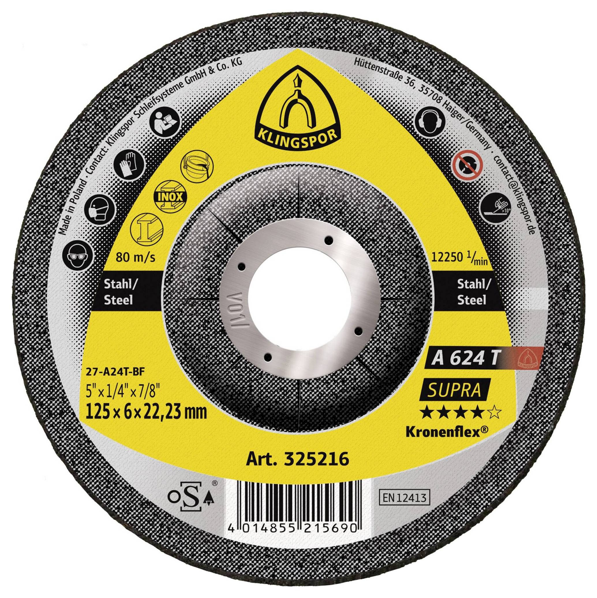 Klingspor 325216 A 624 T Supra Csiszolókorong Ø 125 mm Furat átmérő 22.23 mm Acél, Nemesacél, Öntvény 10 db
