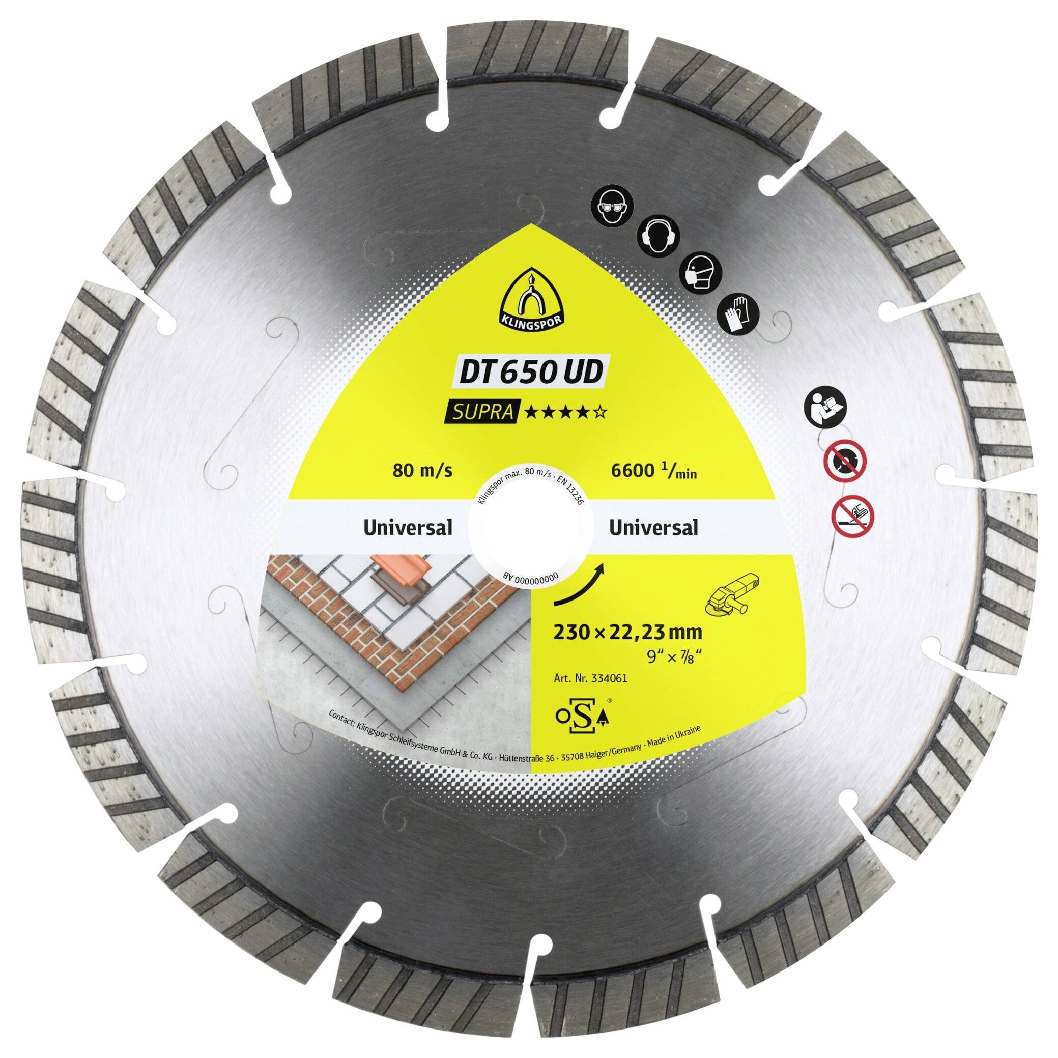 Klingspor 334061 DT 650 UD Supra Gyémánt bevonatú vágótárcsa Ø 230 mm Furat átmérő 22.23 mm Építkezési anyagok, Régi beton, vasbeton, Beton, univerzális,