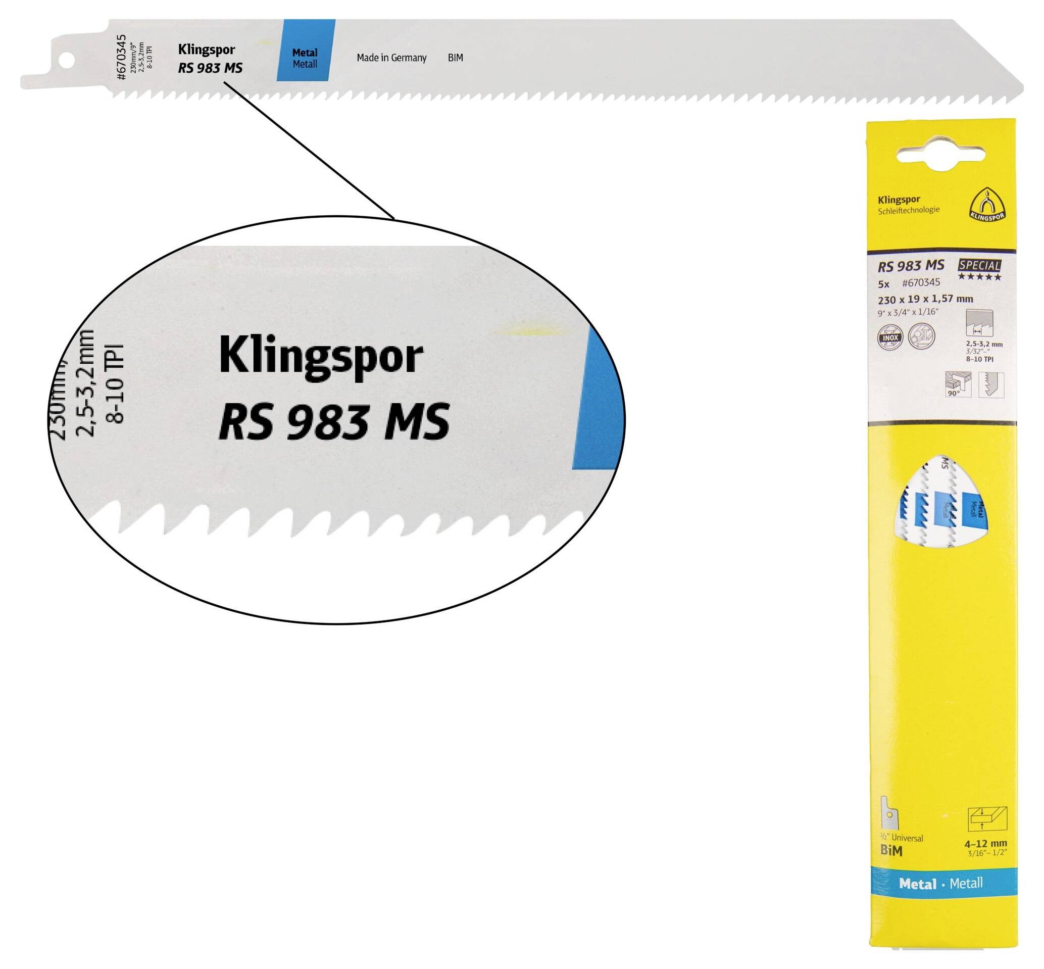 Klingspor 670345 RS 983 MS ortfűrészlapok, 230 x 19 x 1,57 mm, hasznos hossz 210 mm, bimetál, mart, készlet, 8-10 fog/hüvelyk, bliszteres csomagolásban,
