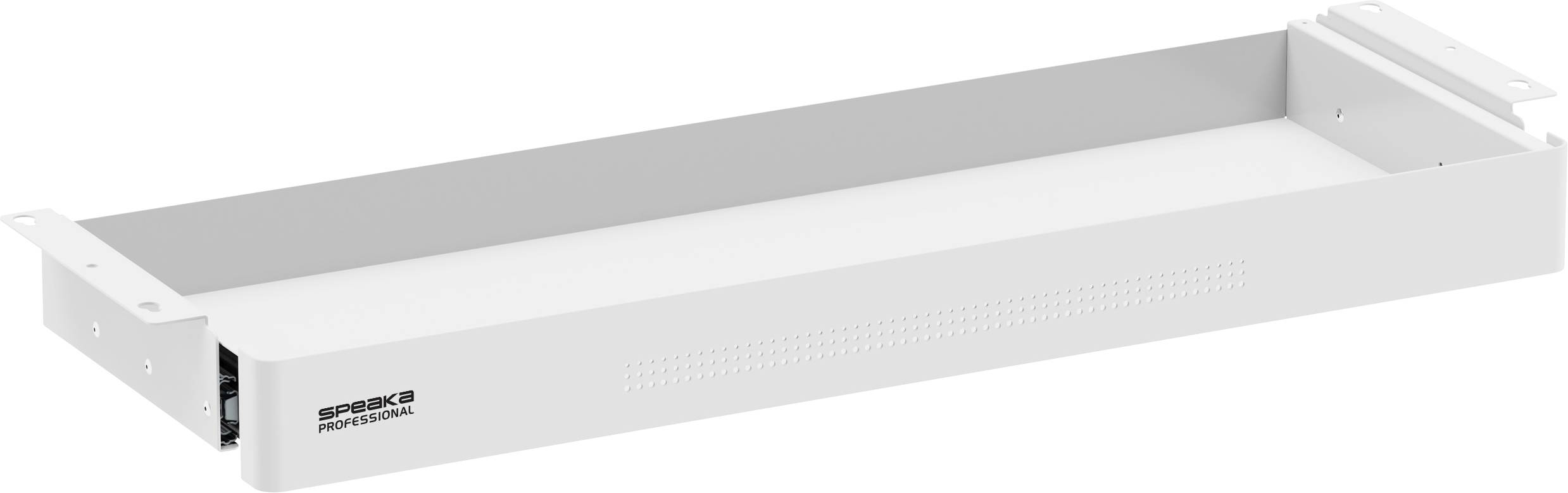 Egy fehér rack-mount polc a Speck logóval az oldalán, szerver vagy AV rack rendszerekbe való beépítésre tervezve, szögből nézve.