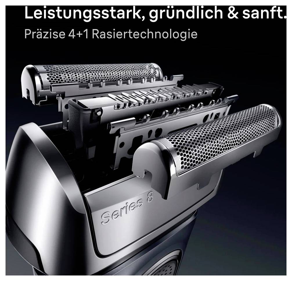 8-as sorozatú elektromos borotva közelről, amely precízen mutatja a 4+1 borotválási technológiát. Szövegek: 'Erőteljes, alapos & gyengéd.'