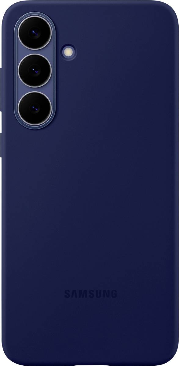 Egy sötétkék okostelefon három hátlapi kamerával és vakuval, minimális márkajelzéssel a hátoldalán.