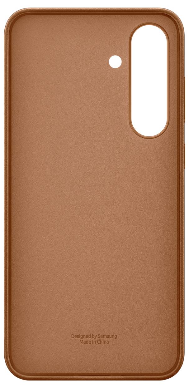 Egy barna bőr telefontok kameranyílásokkal, Samsung által tervezve, Kínában gyártva.