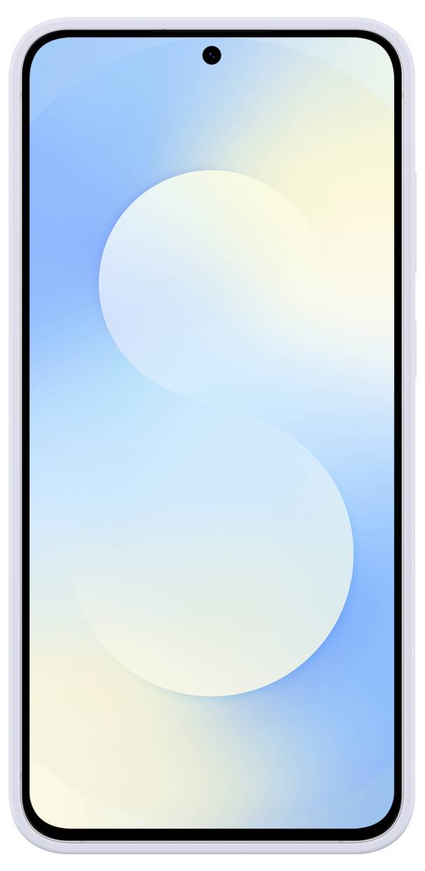 Egy okostelefon teljes képernyős kijelzővel és az elülső kamerával középen, felül. A képernyőn egy kék és fehér absztrakt dizájn látható.