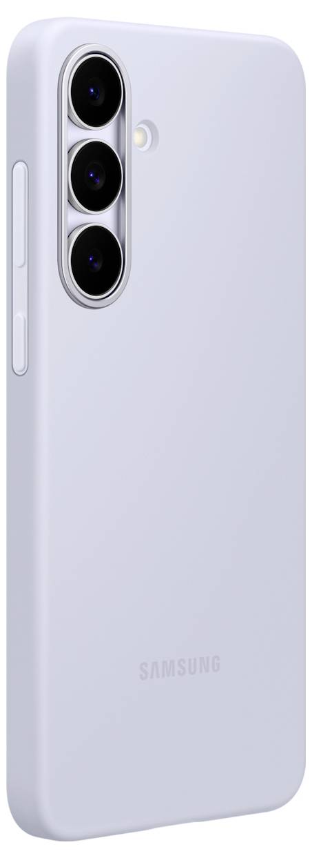 Egy karcsú, világosszürke okostelefon, amelynek hátoldalán egy hármas objektívű kamera-elrendezés, alján pedig a Samsung logó látható.