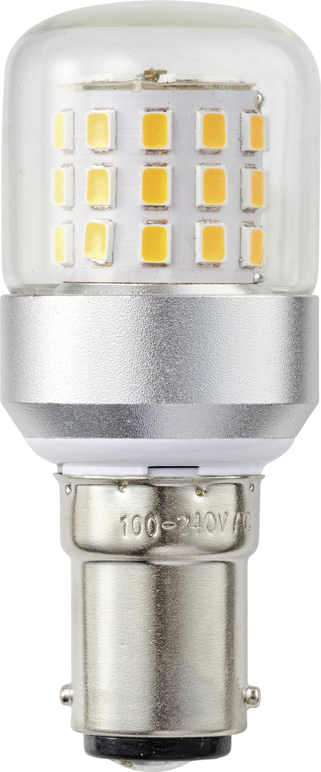 Egy LED-es izzó ezüst alappal és hengeres formával, több kisméretű narancssárga fényszakasszal egy átlátszó felső burkolaton belül.