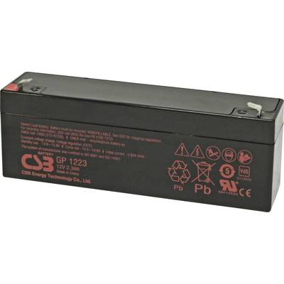 'Egy lezárt ólom-sav akkumulátor, amelynek típusa CSB GP 1223, 12V 2.3Ah kapacitással. Figyelemre méltó szimbólumok: újrahasznosítási ikonok, tűzveszélyre figyelmeztető jelek és feszültség adatok.'