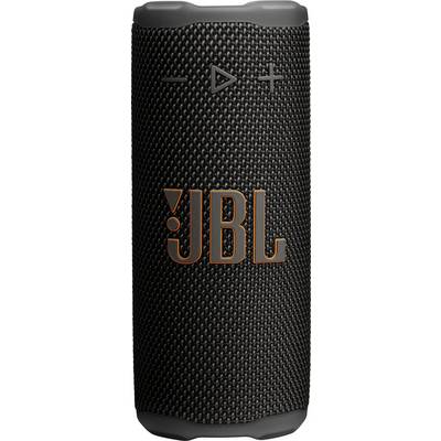Hordozható fekete JBL hangszóró textúrált felülettel, kiálló kezelőgombokkal és a narancssárga JBL logóval az elején.