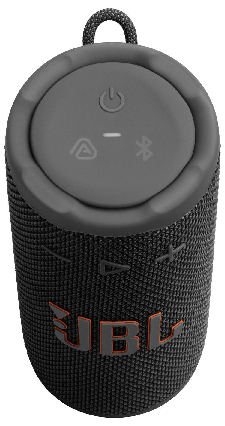 Egy fekete, hengeres Bluetooth-hangszóró, amelynek tetején tápellátás és Bluetooth szimbólumok vannak, textúrált felülettel és narancssárga 'JBL' logóval az oldalán.