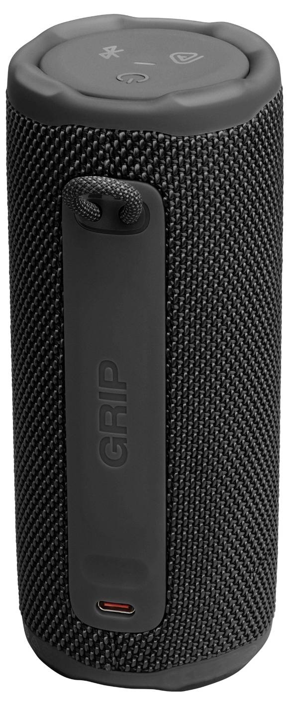 Egy hengeres, hordozható Bluetooth-hangszóró textúrált markolattal és tetején elhelyezkedő gombokkal a be/ki kapcsoláshoz, Bluetooth-párosításhoz és hangerő-szabályozáshoz.