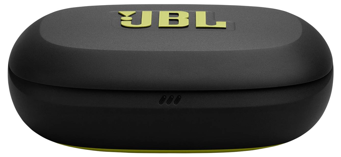 Egy fekete JBL fülhallgató tok sárga JBL logóval a tetején.