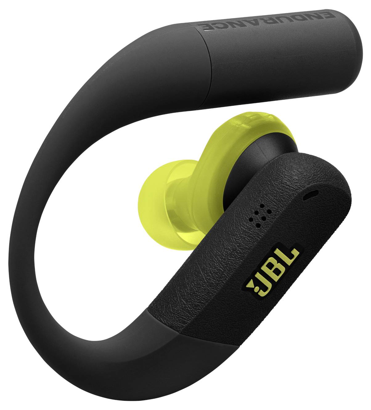 Fekete JBL Endurance vezeték nélküli fülhallgató sárga fülillesztékkel, sportoláshoz tervezve.