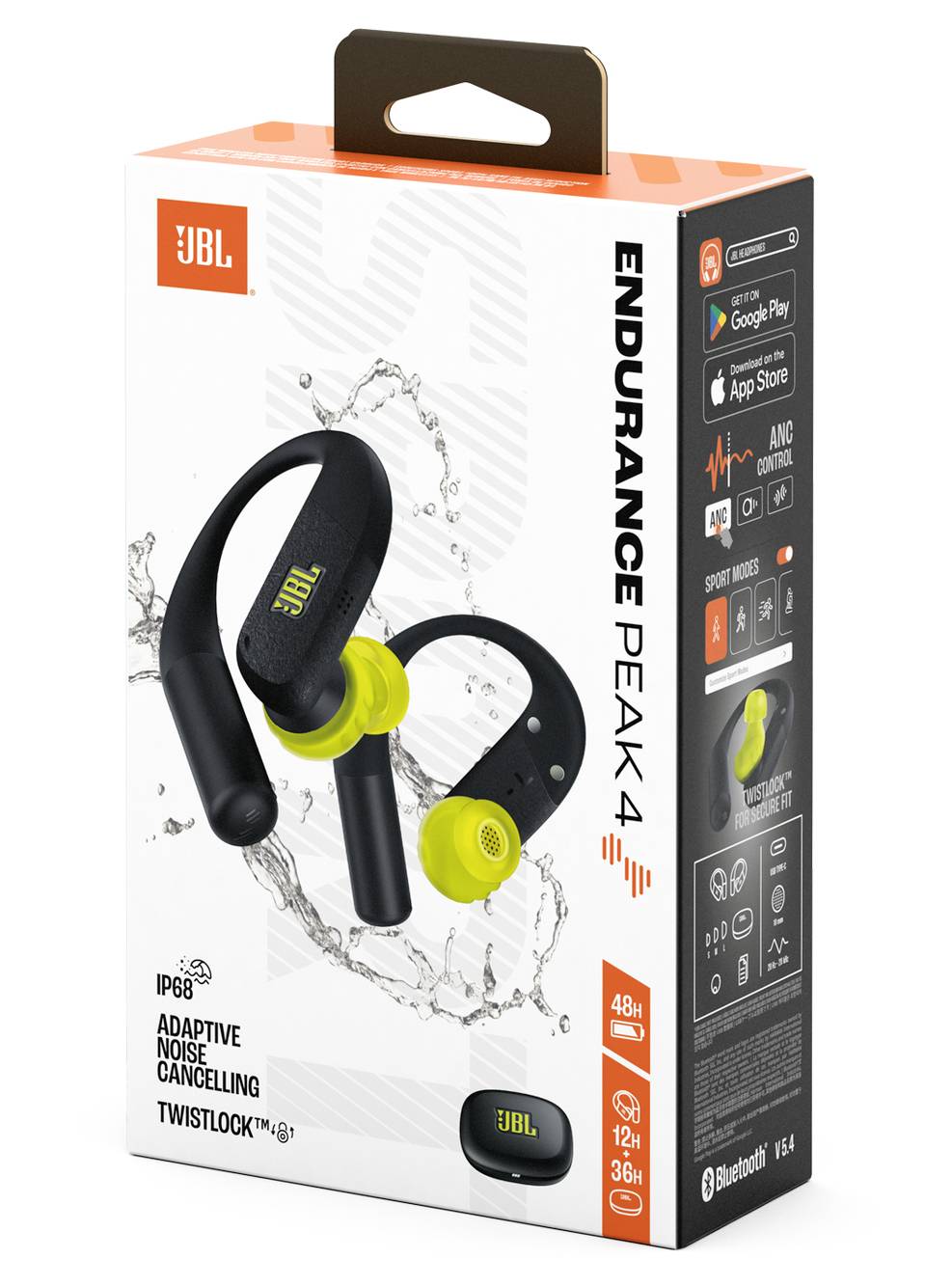 A JBL Endurance Peak 4 vezeték nélküli fülhallgató doboza, amely adaptív zajszűréssel, IP68 védelemmel, 48 órás akkumulátor-élettartammal és Bluetooth 5.3 technológiával rendelkezik.