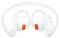 Fehér vezeték nélküli fülhallgató fülre illeszkedő kialakítással, narancssárga díszítésekkel és vezérlőgombokkal az egyik oldalán.
