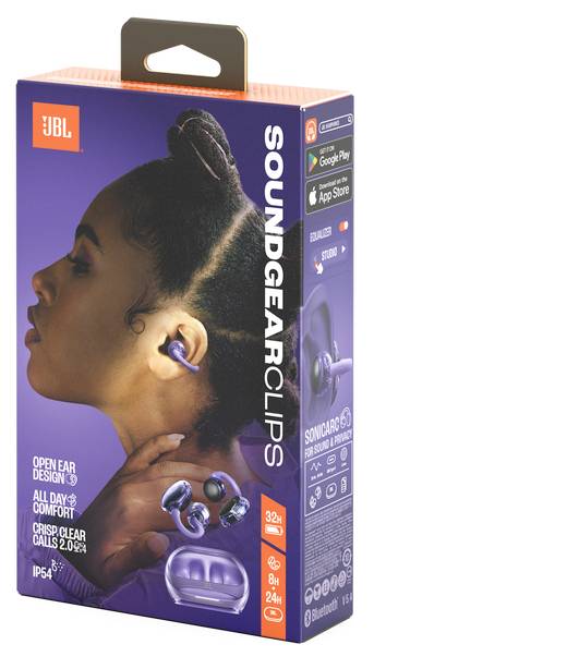 Egy vezeték nélküli fülhallgatókat viselő személyt ábrázoló doboz. A szöveg az "Open Ear Design" (Nyitott füldesign), a "Crisp Clear Calls 2.0" (Tiszta, érthető hívások 2.0), a Bluetooth és a Google és Apple kompatibilitás funkcióit emeli ki.