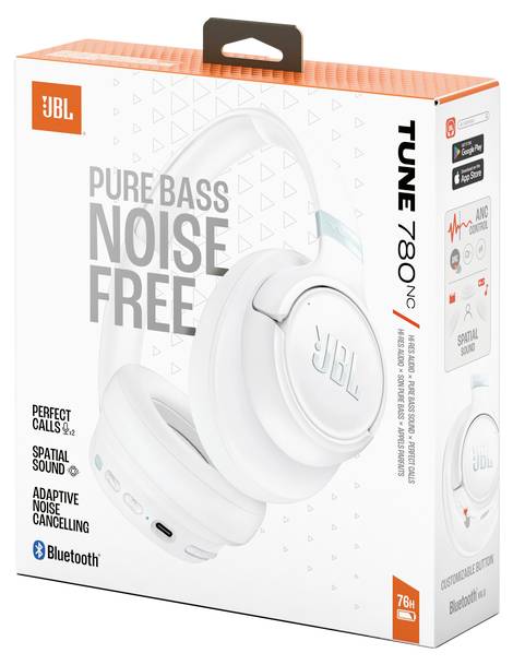 JBL Tune 780NC vezeték nélküli fülhallgatók doboza. A jellemzők közé tartozik a tiszta basszus, zajszűrés, tökéletes hívások, térbeli hang és Bluetooth.