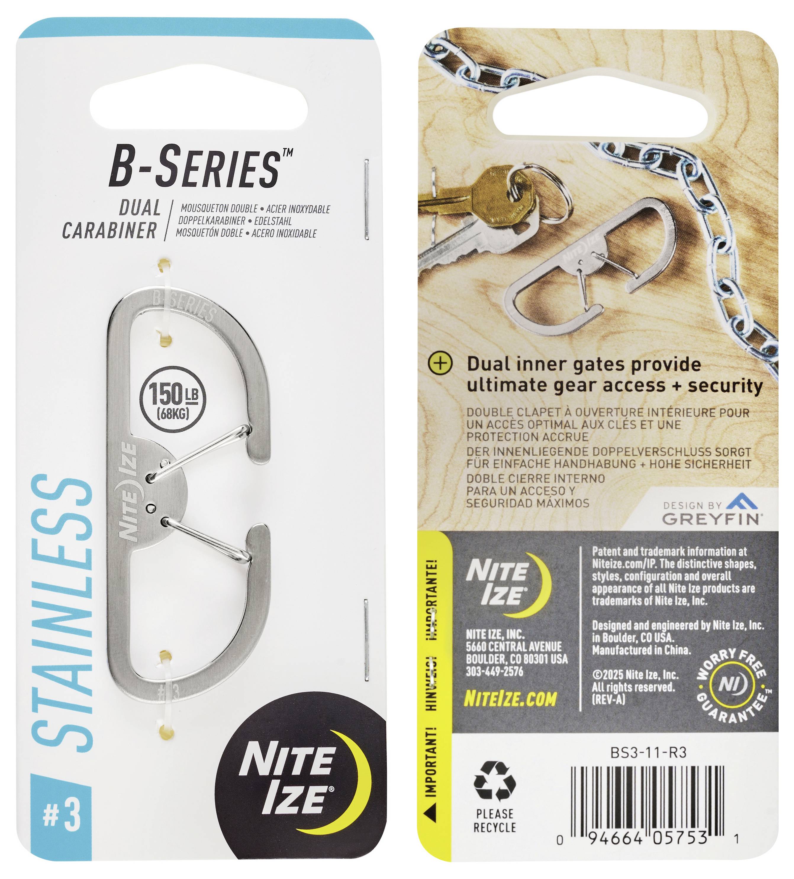 A "B-Series Kétkötős Karabiner" csomagolás egy rozsdamentes acél karabinert tartalmaz, amely kettős belső zárszerkezettel rendelkezik a felszerelés könnyű hozzáféréséhez és biztonságához, 68 kg teherbírással.
