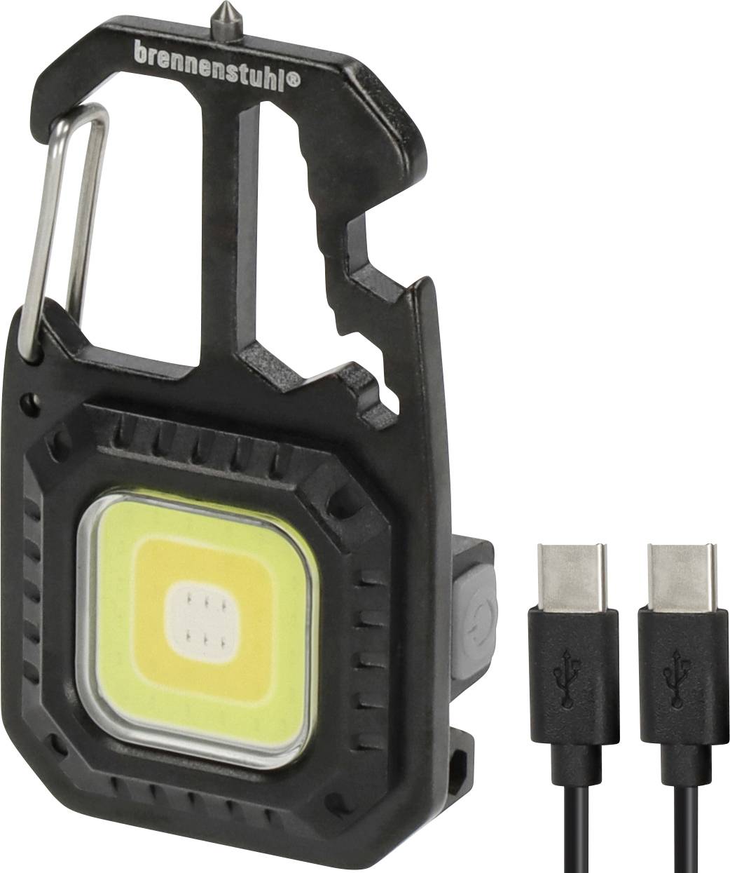Hordozható fekete Brennenstuhl LED munkalámpa karabiner klippel és két USB kábellel felszerelve.