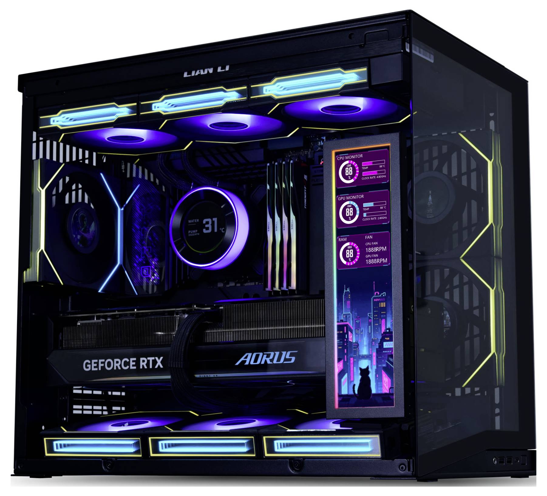 Egy RGB-világítással ellátott gaming PC, amely olyan komponenseket mutat be, mint egy GeForce RTX kártya és digitális kijelző. A belseje egy átlátszó oldalpanel через látható.