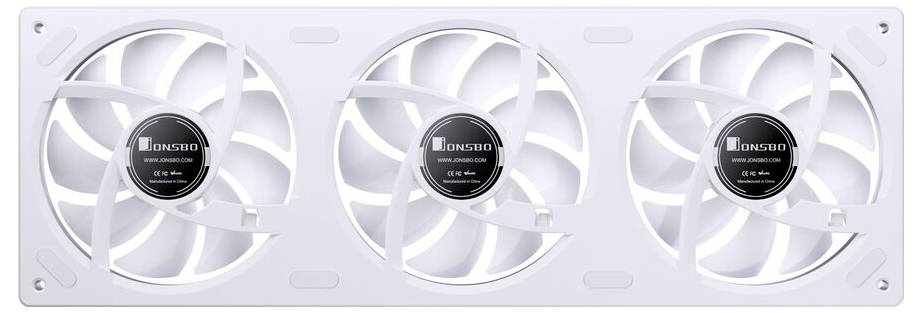 Egy fehér számítógép hűtőventilátor egység, amely három vízszintesen elhelyezett ventilátort tartalmaz, mindegyik közepén az 'ID-Cooling' felirattal, optimális légáramlás kialakítására tervezve.