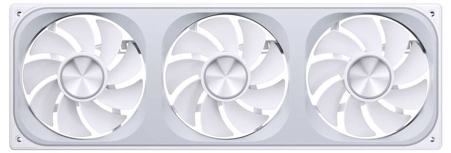 Egy háromrészes ventilátor-hűtőrendszer fehér lapátokkal, téglalap alakú keretben elhelyezve, amelyet elektronikus eszközök hőelvezetésére terveztek.
