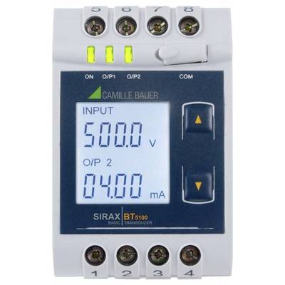 'SIRAX BT5100 jeladó kijelzője 500,0 V bemeneti feszültséget és 0,00 mA kimenetet mutat.'