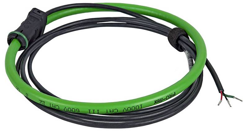 Egy zöld és fekete elektromos kábel, amelynek egyik végén szabadon álló huzalok, a másik végén pedig csatlakozó található, a következő feliratozással: 'PROCHX' és '1L0007 CA11 800V CHI 12'.