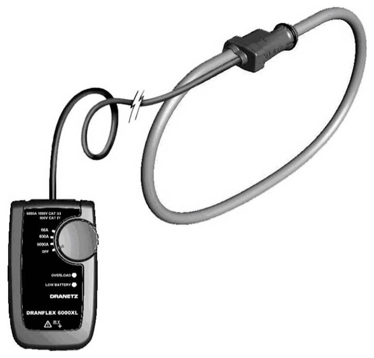 Egy digitális lakatfogó flexibilis hurokérzékelővel elektromos áram mérésére, amelynek interfészén beállítások és kijelzők láthatók.