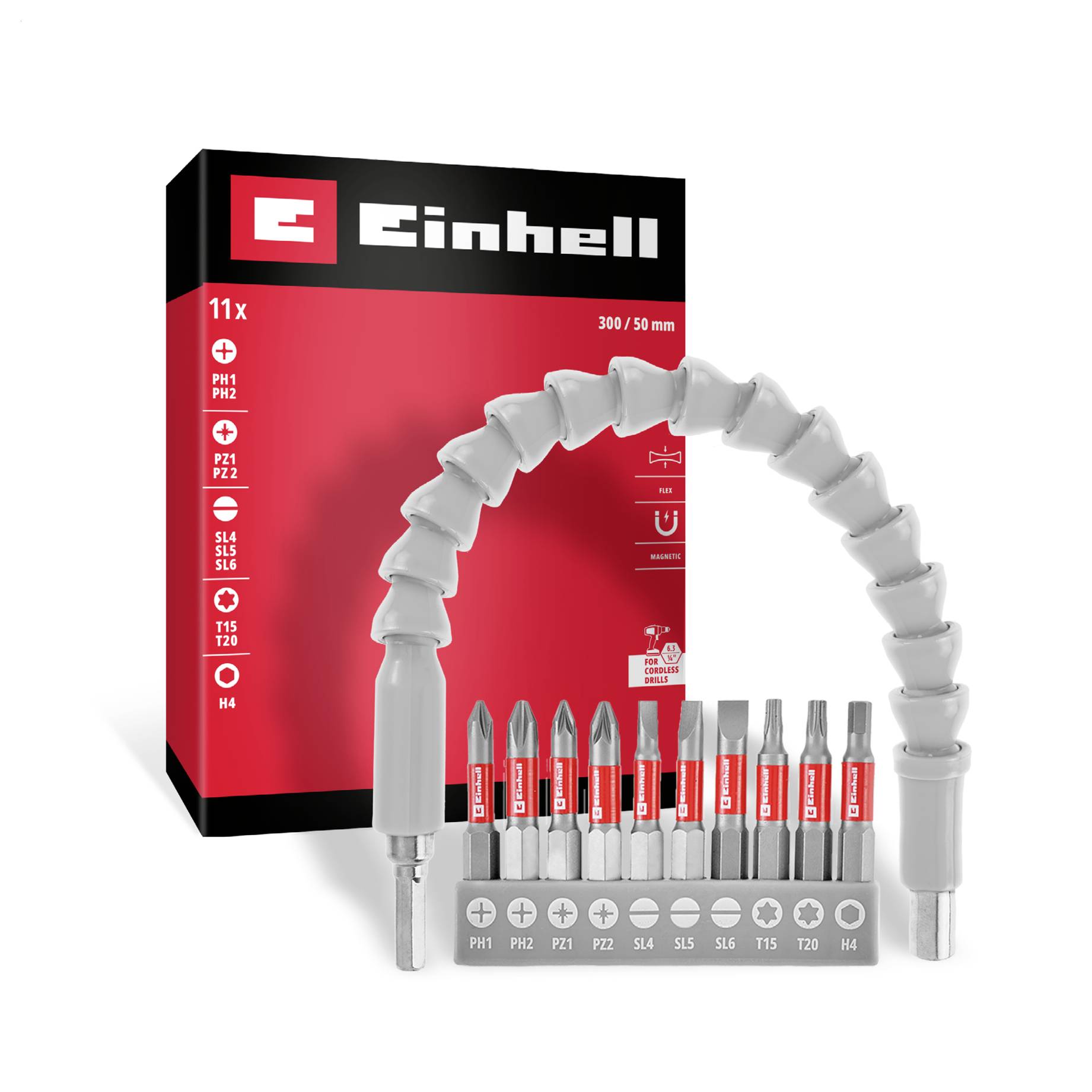 '300 mm-es rugalmas bittar nehezen hozzáférhető helyekhez, krómvanadium-acélból készült bitekkel, akkucsavarozóhoz alkalmas.'