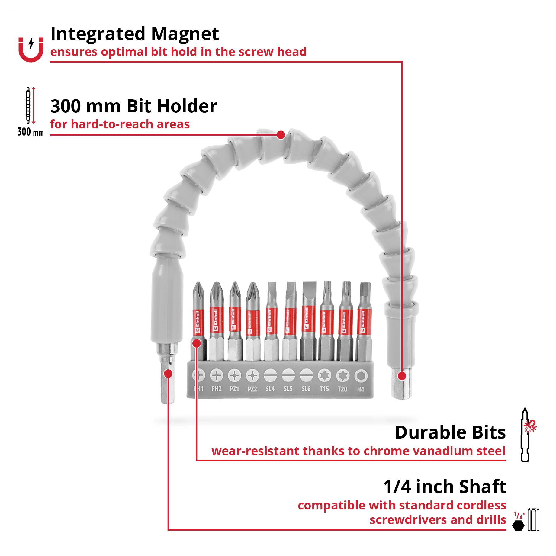 "300 mm hosszú és hajlékony tengely eléri a szűk sarkokat és bonyolult helyeket." Fém végekkel rendelkező hajlékony tengely ívelt formában.