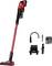 Egy piros vezeték nélküli porszívó levehető nyéllel, különböző tartozékokkal és egy töltőállomással.