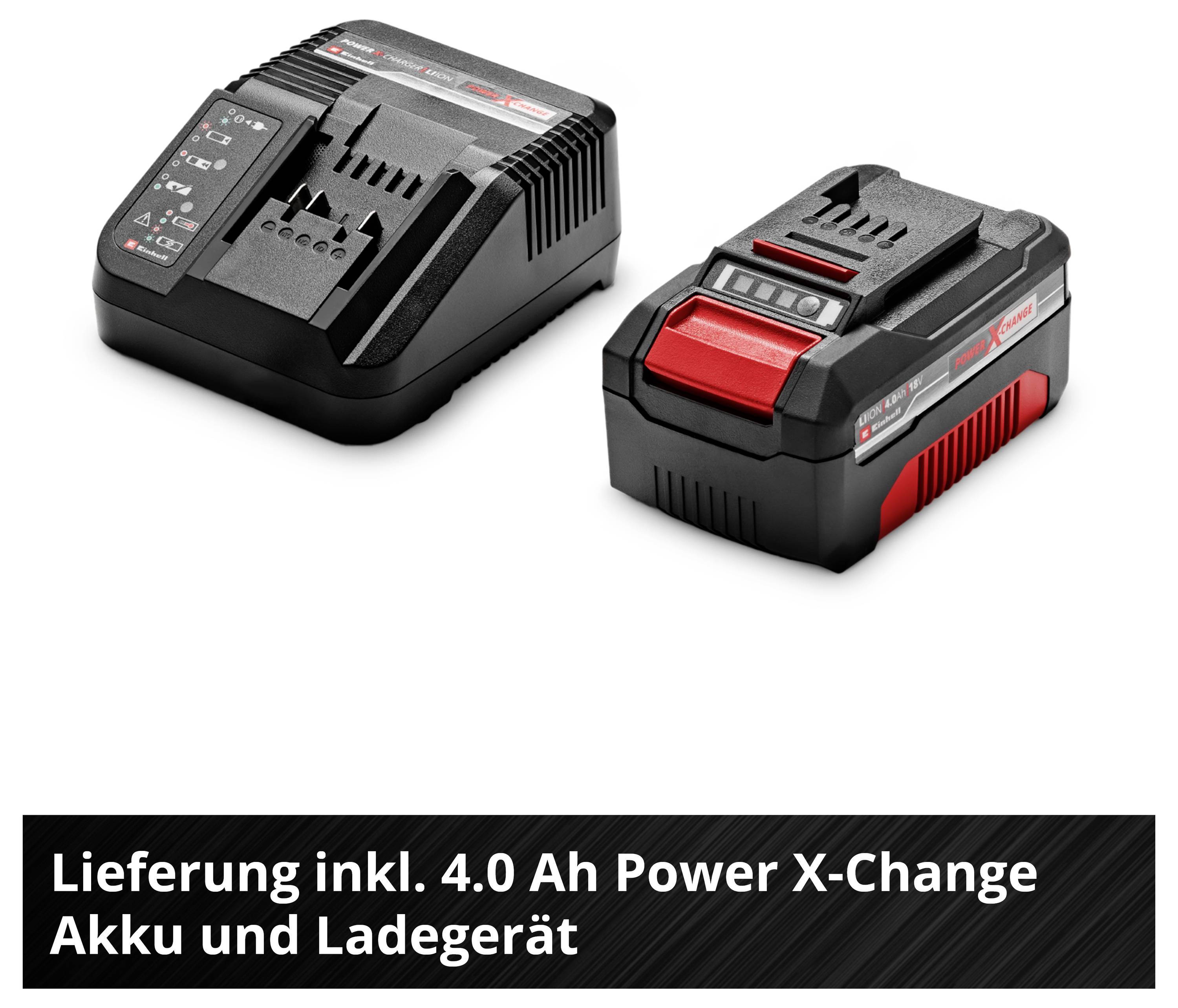 Két fekete akkumulátor töltővel, kompatibilis az Einhell Power X-Change rendszerrel. Szöveg: 'Szállítás tartalmaz 4.0 Ah akkumulátort és töltőt'.