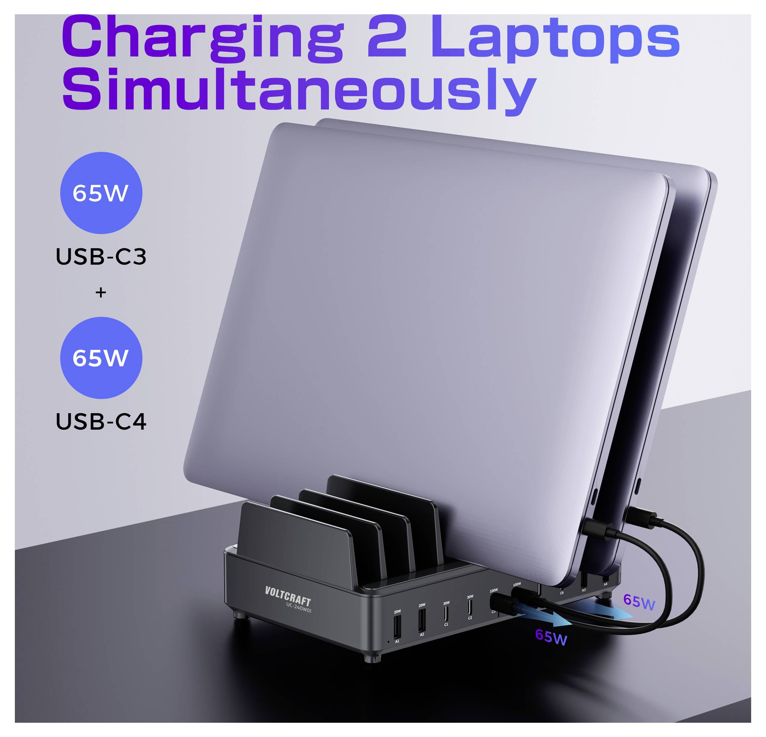 Kép, amelyen két laptop egyidejűleg tölt egy dokkolón. Szöveg: 2 laptop egyidejű töltése. Portok: USB-C3 és USB-C4, egyenként 65W.