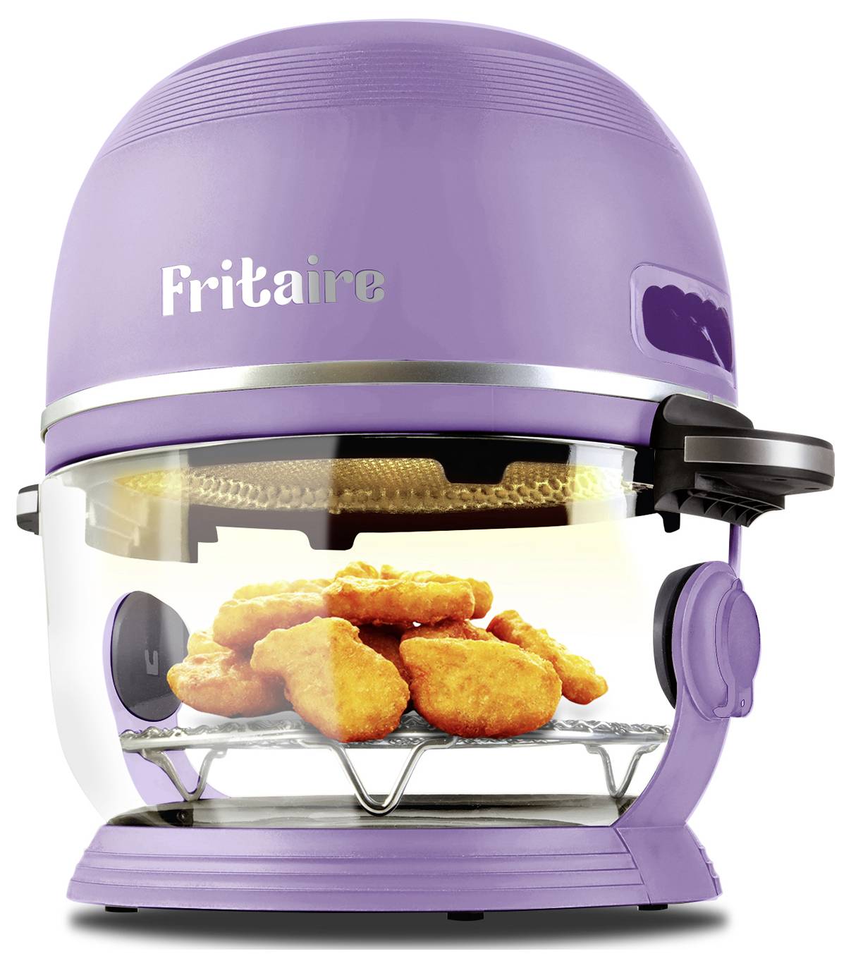 Egy lila levegős fritőz 'Fritaire' felirattal, amelynek átlátszó részén aranybarna csirkemellcsíkok láthatók.