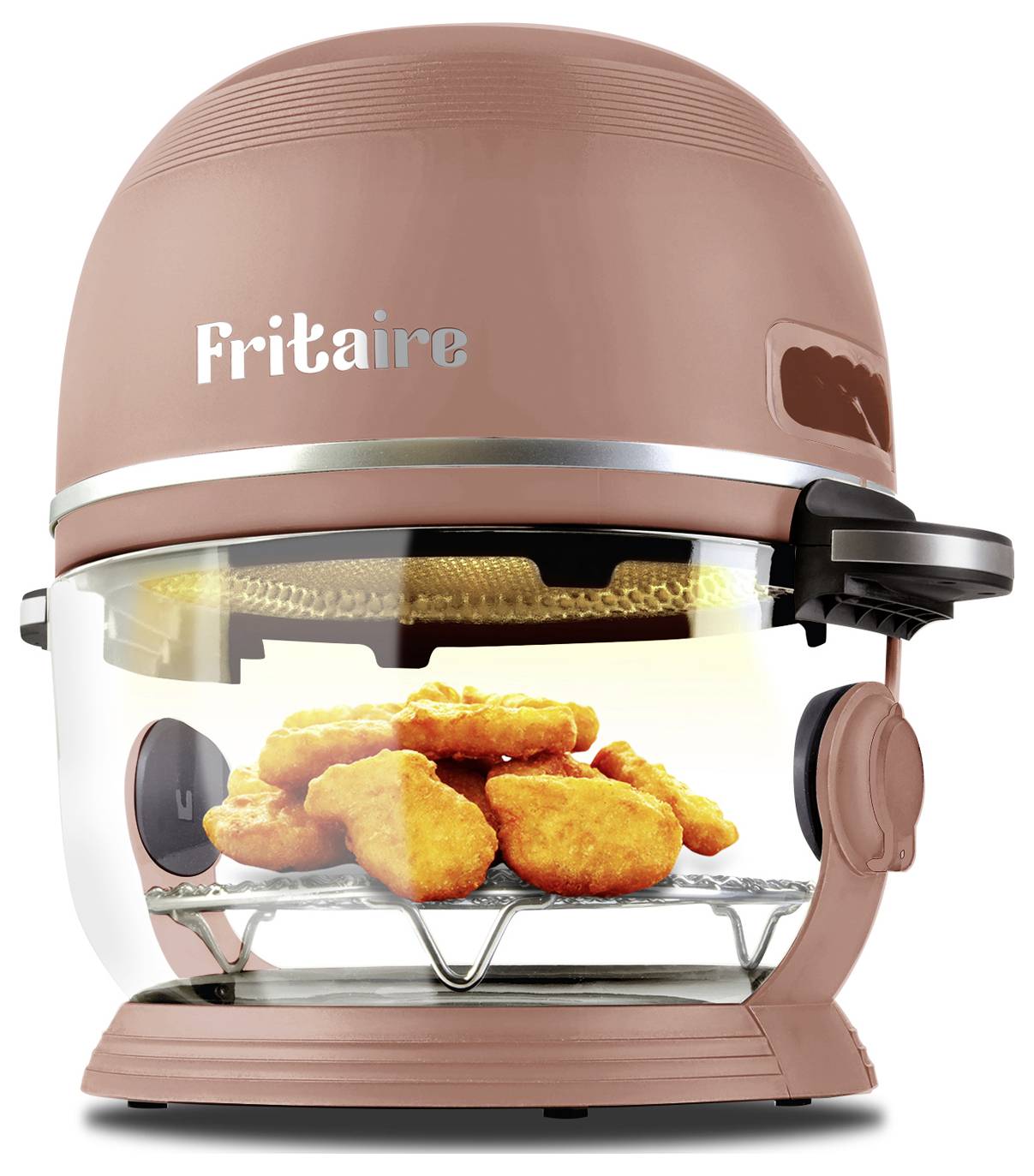 Egy stílusos légkeveréses sütő átlátszó ablakkal, amelyen keresztül csirkenyársak sülnek bent. A készülék tetején a 'Fritaire' márkanév látható.