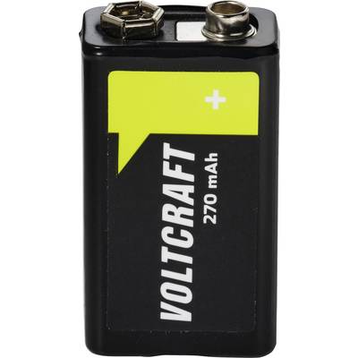 Egy fekete 9 voltos Voltcraft akkumulátor fém kapocsvéggel és egy sárga címkével, amelyen egy pluszjel és "270 mAh" felirat látható.