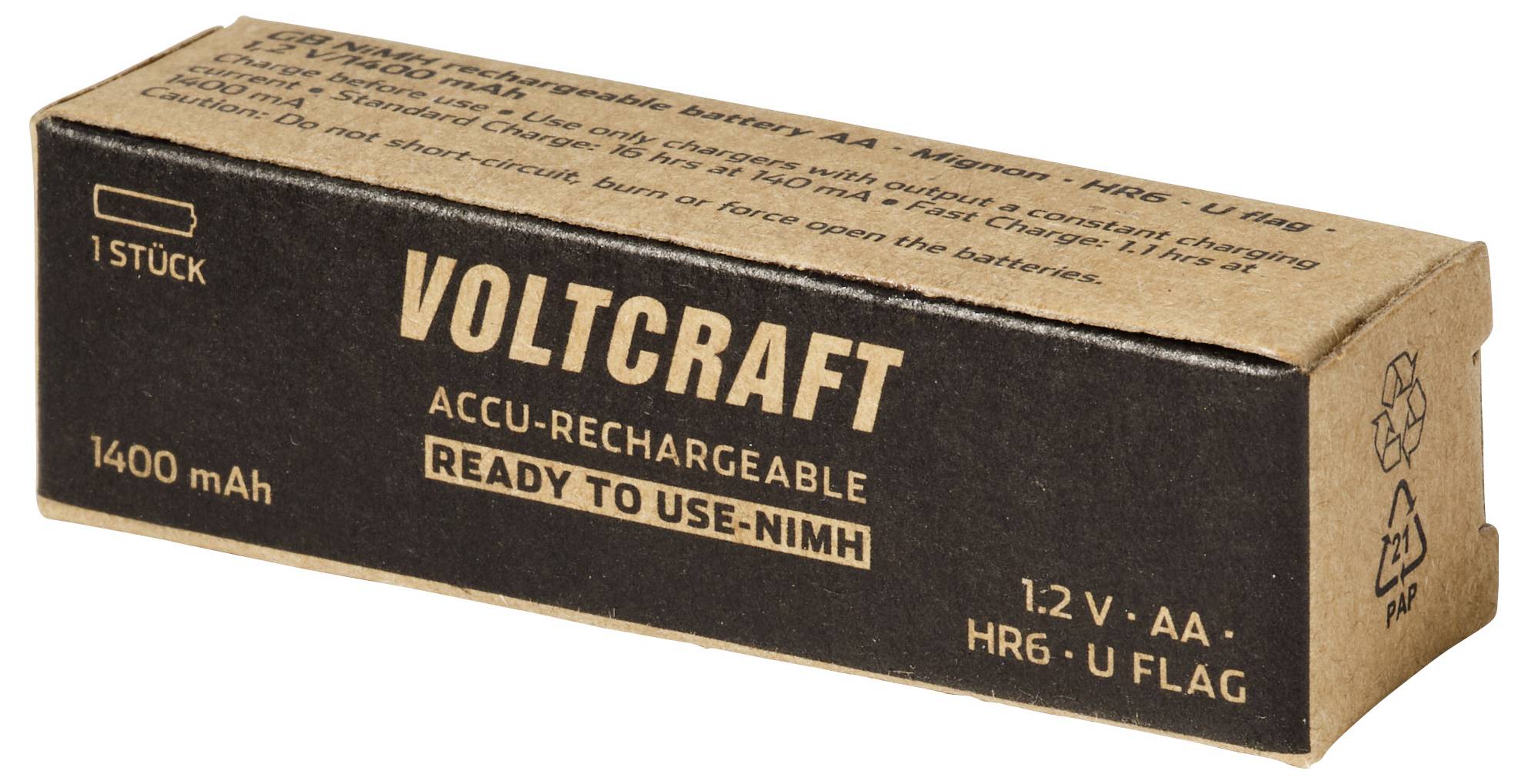 Dobozolt Voltcraft 1.2V AA újratölthető NiMH akkumulátor, 1400 mAh, azonnal használatra címkézett, kereskedelmi csomagolásban bemutatva.